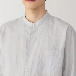 Chemise à col mao en lin lavé pour homme