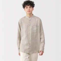 Chemise à col mao en lin lavé pour homme