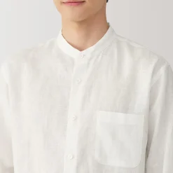 Chemise à col mao en lin lavé pour homme