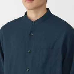 Chemise à col mao en lin lavé pour homme