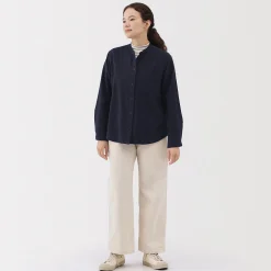 Chemise à col montant en flanelle brossée double femme