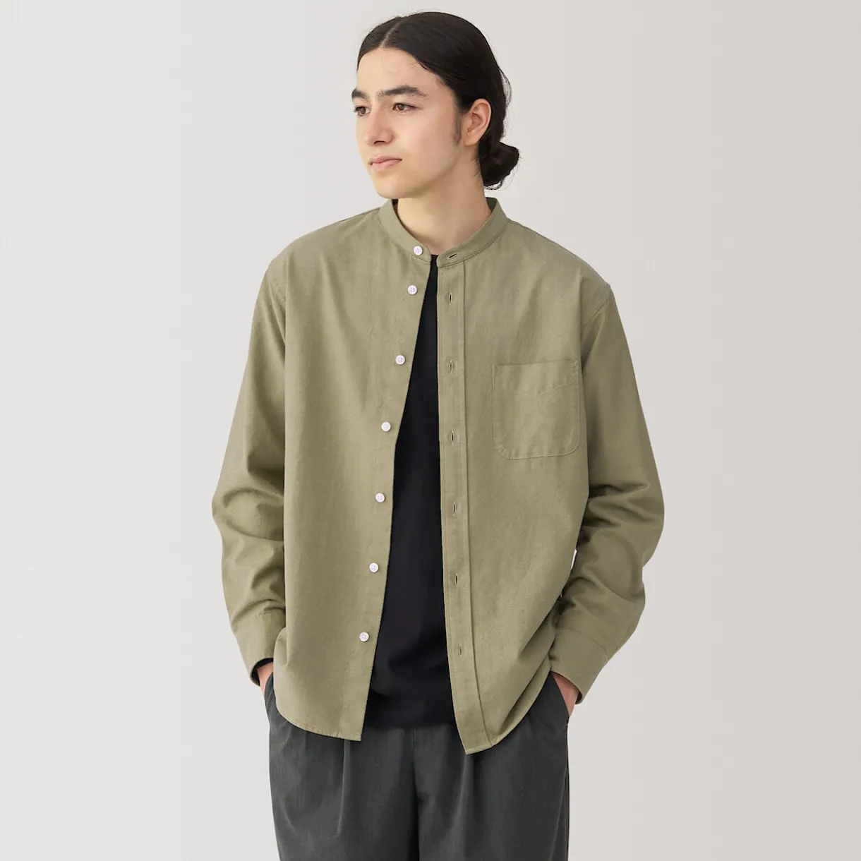 Chemise en coton Oxford lavé col officier homme