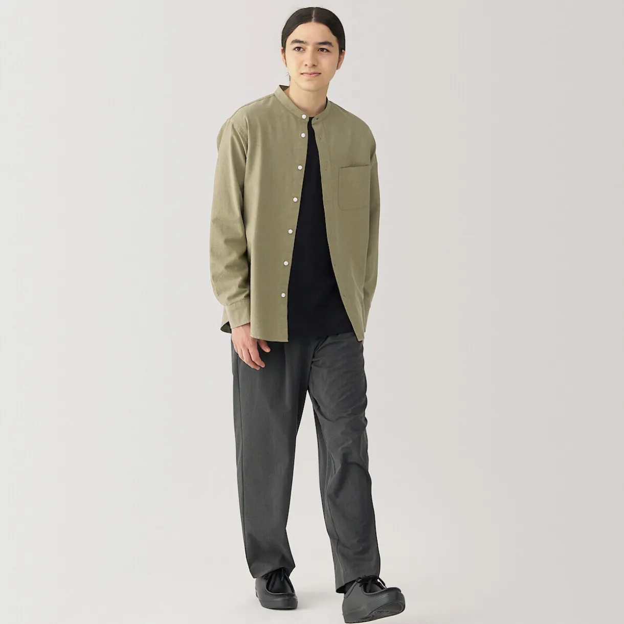 Chemise en coton Oxford lavé col officier homme