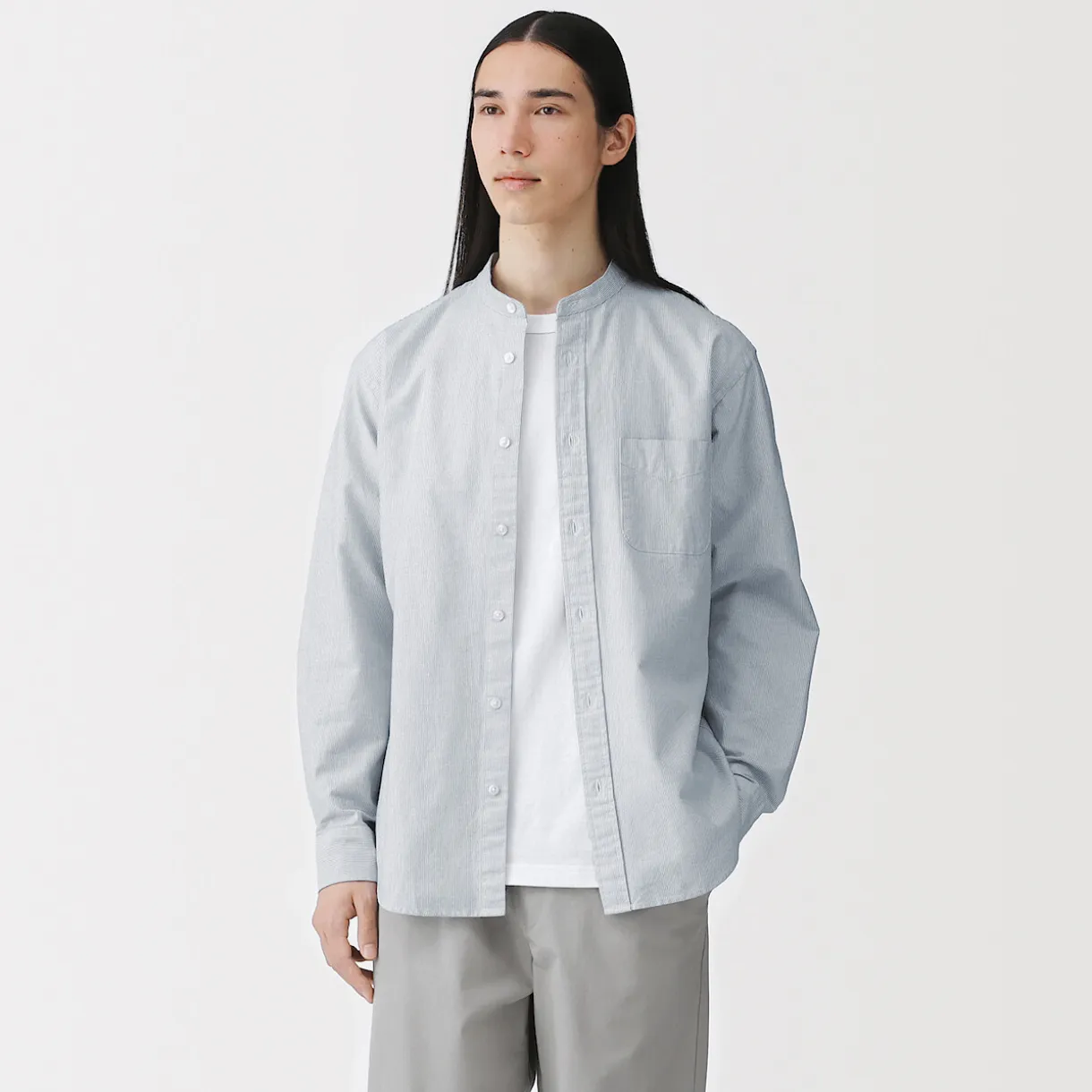 Chemise en coton Oxford lavé col officier pour homme