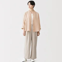 Chemisier à col officier en lin lavé pour femme