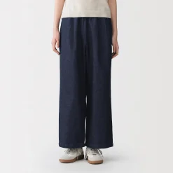 Pantalon large en mélange lin-denim pour femme