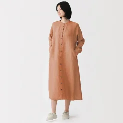 Robe-chemise à col officier en lin lavé pour femme