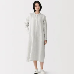 Robe-chemise à col officier en lin lavé pour femme