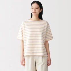 T-shirt à manches mi-longues et col bateau en coton épais pour femme