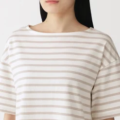 T-shirt à manches mi-longues et col bateau en coton épais pour femme