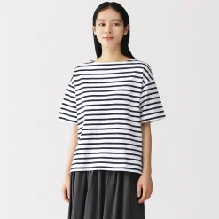 T-shirt à manches mi-longues et col bateau en coton épais pour femme