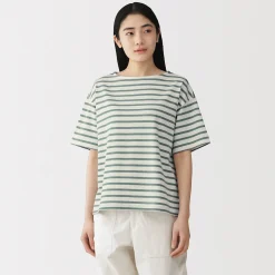 T-shirt à manches mi-longues et col bateau en coton épais pour femme