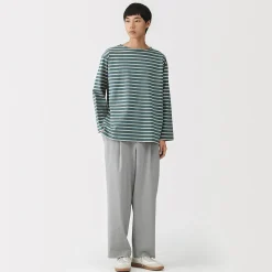 T-shirt délavé à manches longues et à col bateau en coton épais pour homme