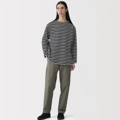 T-shirt délavé à manches longues et à col bateau en coton épais pour homme