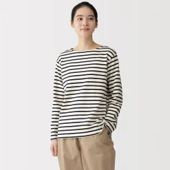 T‐shirt en coton épais manches longues col bateau pour femme