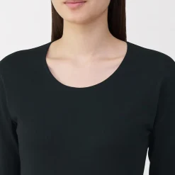 T‐shirt manches longues col U en coton épais et chaud pour femme