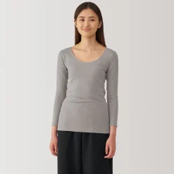 T‐shirt manches longues col U en coton chaud pour femme